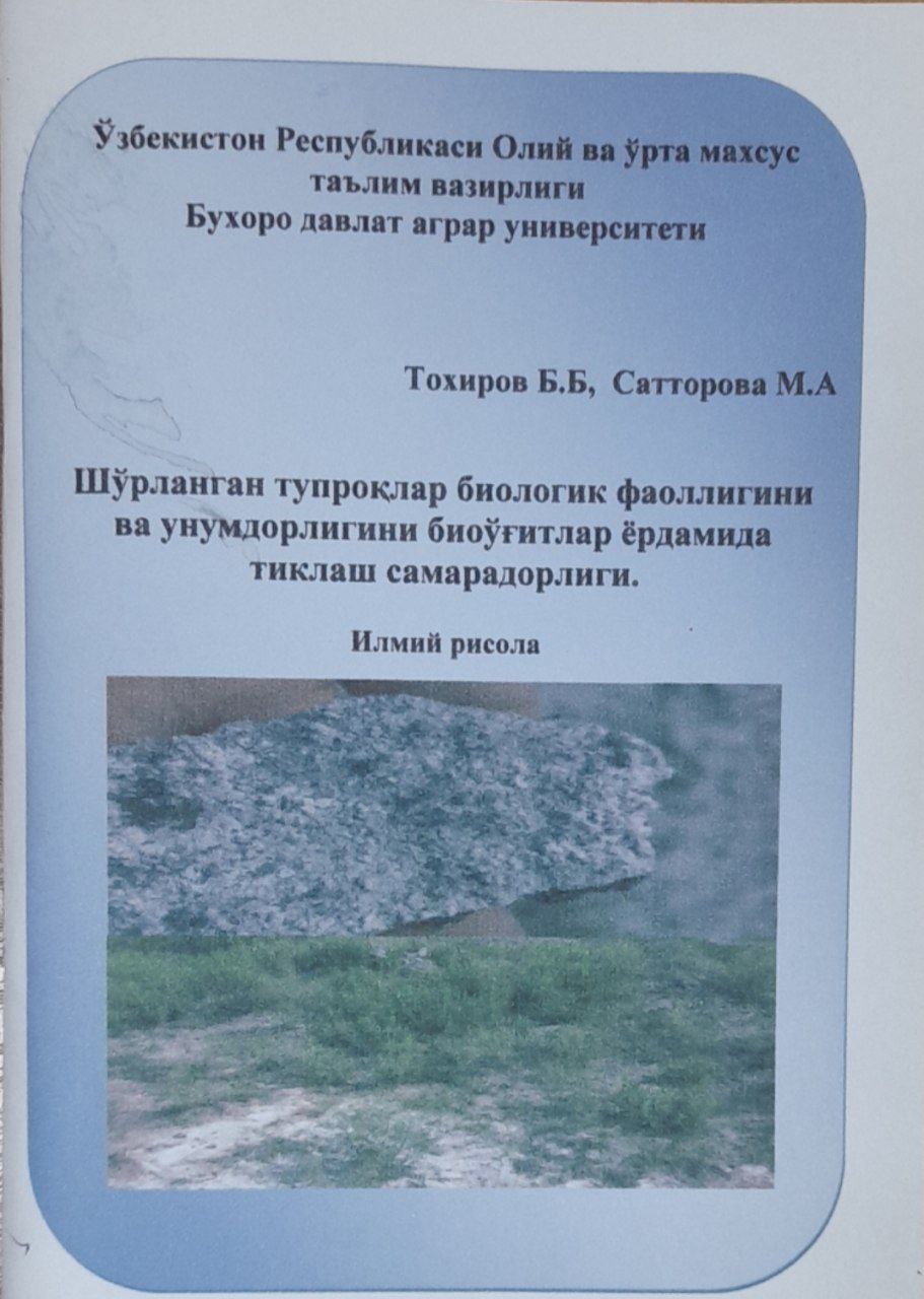 Шўрланган тупроқлар биологик фаоллигини ва унумдорлигини биоўғитлар ёрдамида тиклаш самарадорлиги